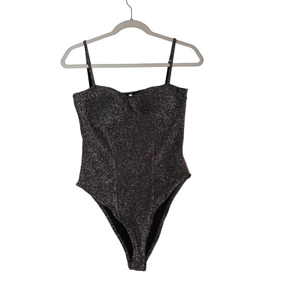 Zaful Sparkle Bodysuit Large Silver Shiny Sleeveless Sweetheart Neckline Low Cut - Picture 9 of 9